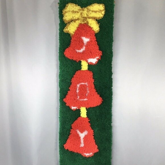 Vtg Latch Hook JOY Wall Hanging Christmas Bells Bell Pull Finished Completed Rug - Picture 1 of 7